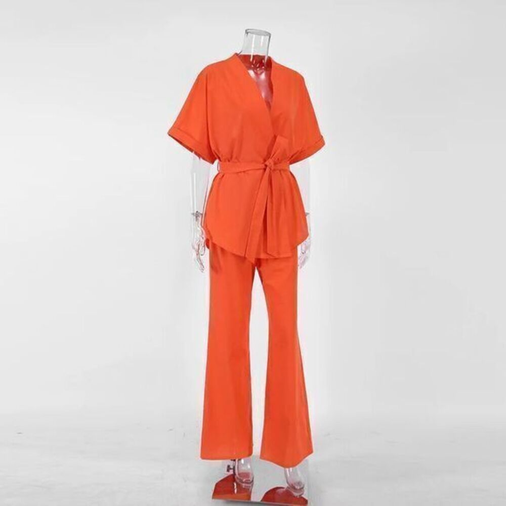 Commense Linen Cotton Orange Two-Piece Set Kimono-Style Top Wide-Leg Pant Outfit - Picture 16 of 16